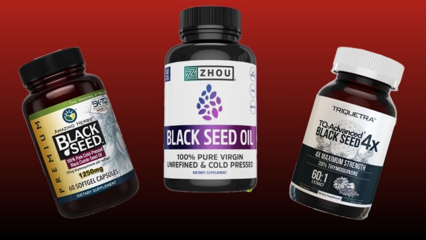 A red and black background with three lines of Best Black Seed Oil Supplements products, including Zhou Organic Black Seed Oil, Amazing Herbs Black Seed Capsules, and Triquetra Black Seed Oil